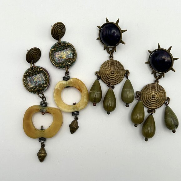 Vintage Boho Artisan Statement Earring Bundle Brass Tone Dangles Hoop - Picture 1 of 16